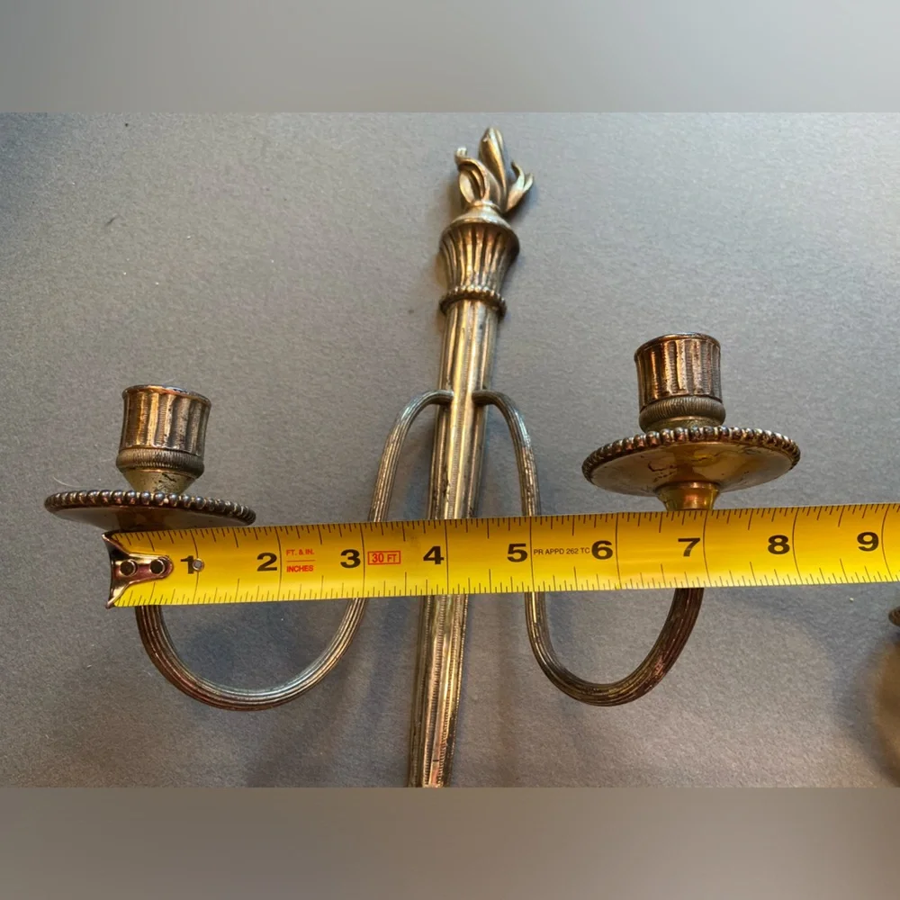 Pair Candle Wall Sconces,‎ 2 arms,Silver tone, flame on top, pine cone on bottom